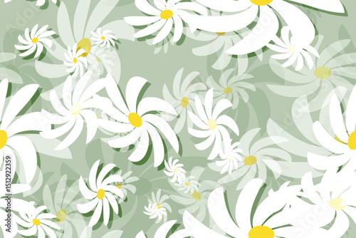 Seamless floral pattern with White daisy camomiles, perfect for spring and summer nature-inspired designs Green Background