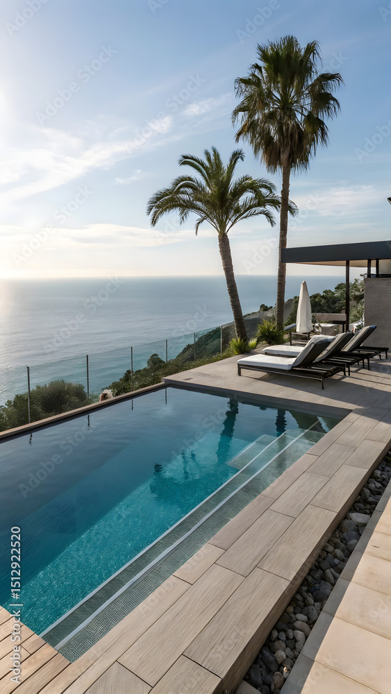 Fototapeta premium Title: Tropical Infinity Pool Overlooking Ocean with Palm Trees, Luxury Resort Escape
