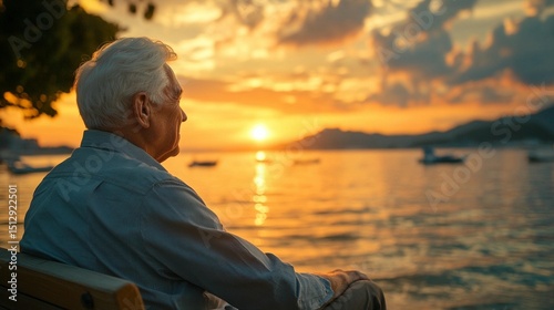 Fototapeta Naklejka Na Ścianę i Meble -  Senior man sits contemplatively on a bench at sunset over the sea