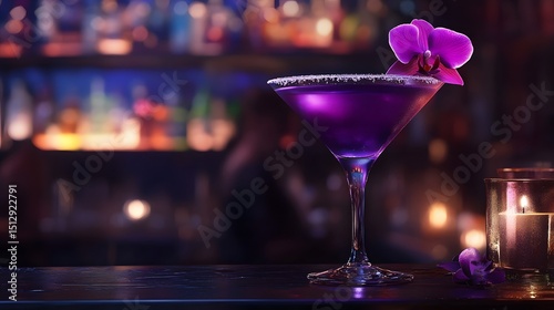 Midnight Orchid A Captivating Purple Cocktail in a Moody Bar Setting