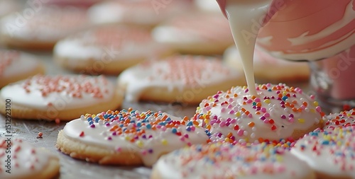 Festive holiday cookie decorating scene with sugar cookies royal icing and colorful sprinkles