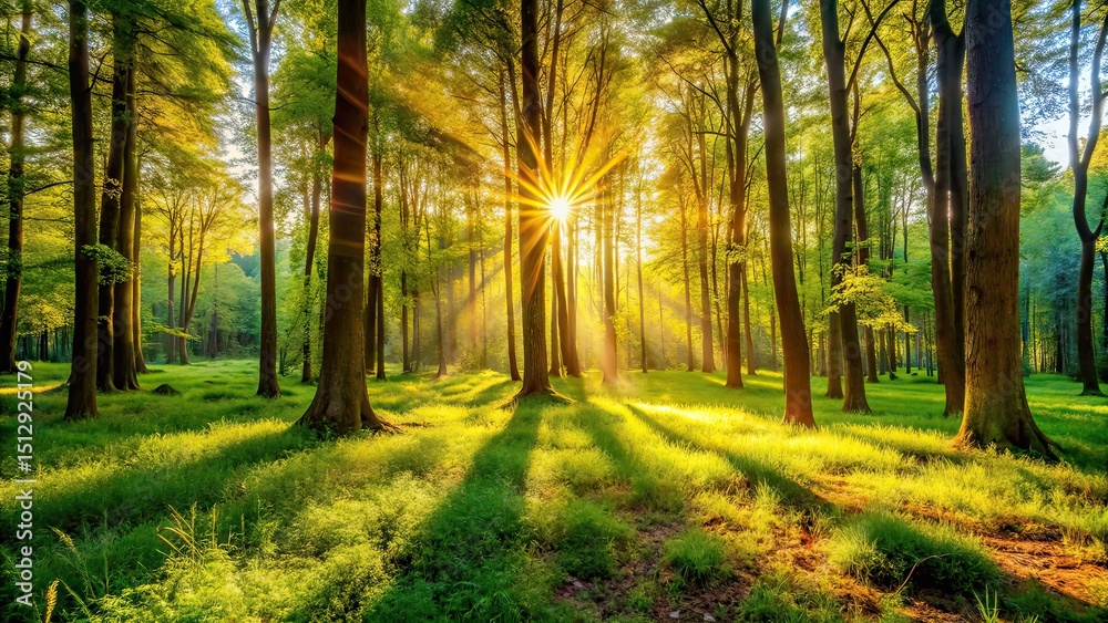 Fototapeta premium Sunlit Forest Glade: Peaceful Tranquil Nature Scene - Low Light Photography