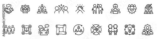 Teamwork icon set in line style. Business team icon. Containing collaboration, agreement, cooperation, people, achievement, partnership, unity, handshake, help, management, working together vector.