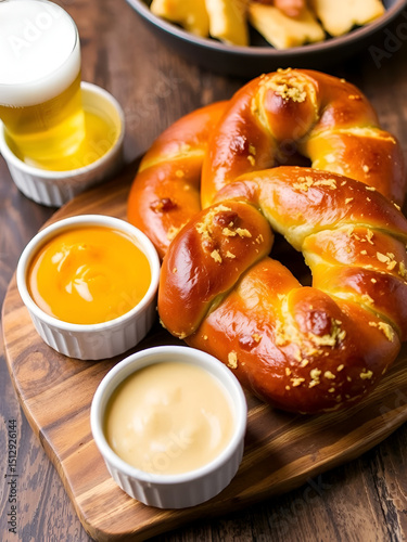 A homemade jumbo pretzel with beer cheese and mustard dipping sauces.