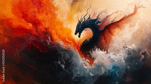 Fiery dragon made entirely of molten lava rising from the heart of an erupting volcano cinematic high energy fantasy painting