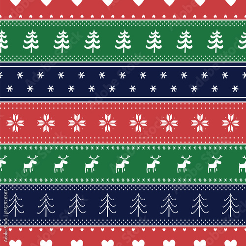 Christmas Striped Pattern with Deer, Fir Trees, Snowflake, Flower, Heart. Seamless Print. Christmas Background. Merry Christmas, Happy New Year Design. Vector illustration in Blue, Green, Red, White