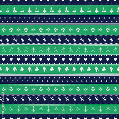 Christmas Striped Pattern with Deer, Fir Trees, Snowflakes, Hearts. Seamless Print. Christmas Background. Merry Christmas, Happy New Year Design. Vector illustration in Green, Blue, White