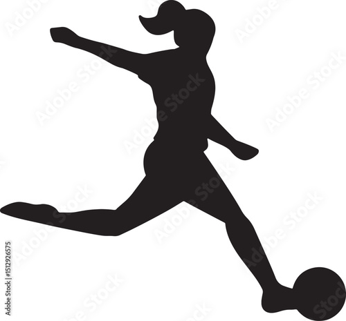Dynamic Female Football Player Kicking Ball Silhouette Vector Icon