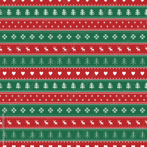 Christmas Striped Pattern with Deer, Fir Trees, Snowflake, Flower, Heart. Seamless Print. Christmas Background. Merry Christmas, Happy New Year Design. Vector illustration in Red, Green, White