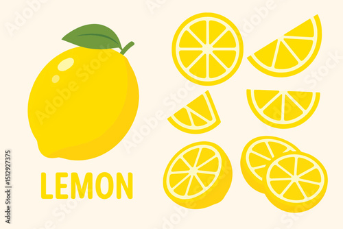 Fresh Yellow Lemon with Slices – Flat Vector Illustration