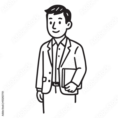 Vector drawing in black and white of an adult male wearing business clothes, outlined boldly in black to define form and structure.


