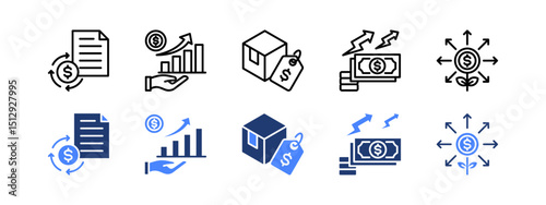 Cost planning icon set with Roi, Revenue, Product, Inflation, Expense.