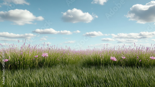 Field of lavender flowers under bright sky with fluffy clouds creates serene atmosphere