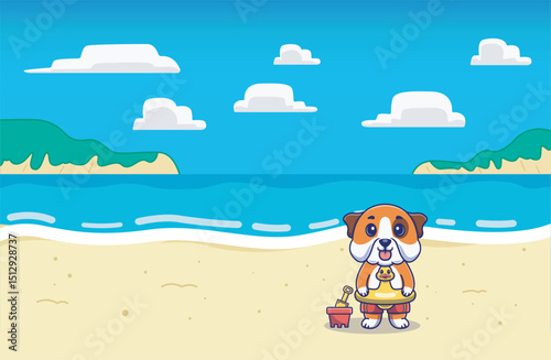 
A fun and adorable illustration of a cute bulldog wearing a rubber duck toy on its waist,playing at the beach, perfect for pet lovers,beach themed,summer vibes, background,wallpaper etc.