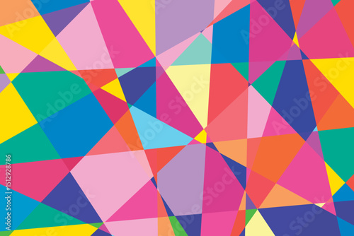 Vector background design with overlapping, colorful triangle shapes, creating a playful and vibrant geometric pattern ideal for bold, eye catching visuals.