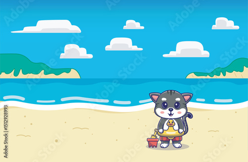 A fun and adorable illustration of a cute kitten wearing a rubber duck toy on its waist,playing at the beach, perfect for pet lovers,beach themed,summer vibes, background,wallpaper etc
