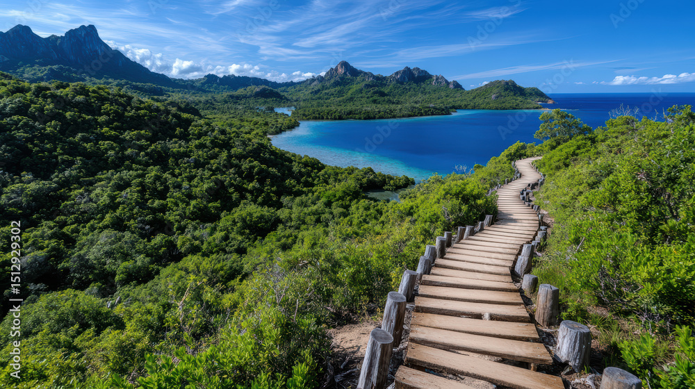 Fototapeta premium Scenic jungle covered trail winds through lush greenery, leading to stunning coastal view