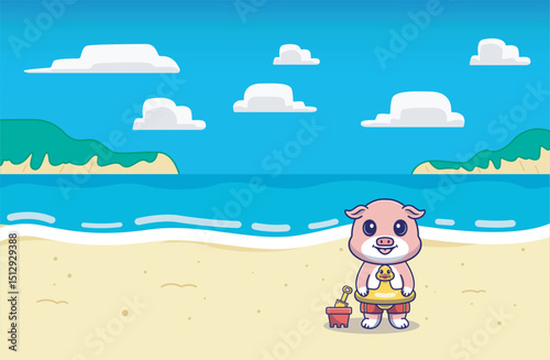 A fun and adorable illustration of a cute pig wearing a rubber duck toy on its waist,playing at the beach, perfect for pet lovers,beach themed,summer vibes, background,wallpaper etc.