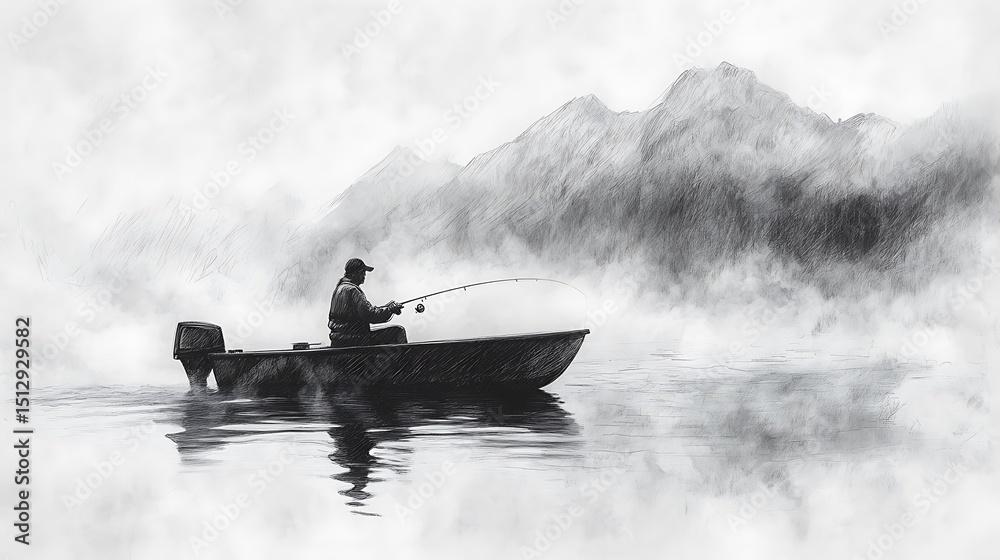 Fototapeta premium A side-view pencil sketch of a fisherman casting a line, small ripples forming around the boat, dense mist curling across the lake surface. Background includes faint outline of mountains.