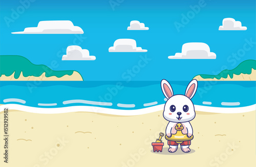 A fun and adorable illustration of a cute rabbit wearing a rubber duck toy on its waist,playing at the beach, perfect for pet lovers,beach themed,summer vibes, background,wallpaper etc.