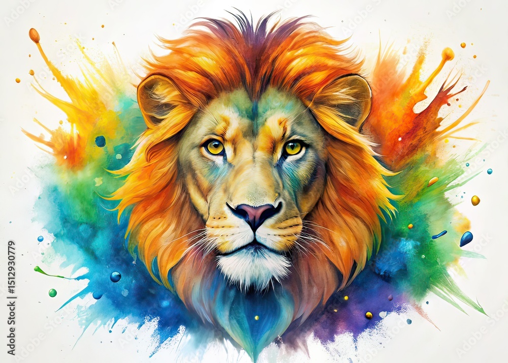 Fototapeta Watercolor Lion Head Night Photography, Colorful Splash, Wrinkled Paper