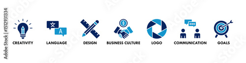 Corporate identity banner web icon set vector illustration symbol concept with icon of creativity, language, design, business culture, logo, communication and goals