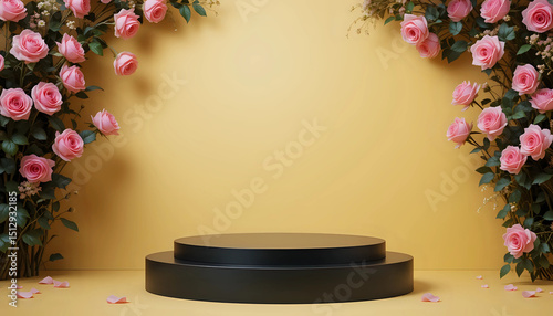 Blank podium with pink roses on yelow background. Showcase for product, black podium, perfume, jewelry and cosmetic presentation