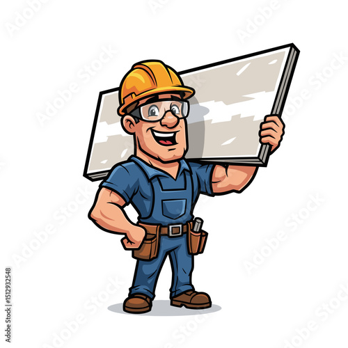 Cheerful Cartoon Construction Worker Carrying Drywall