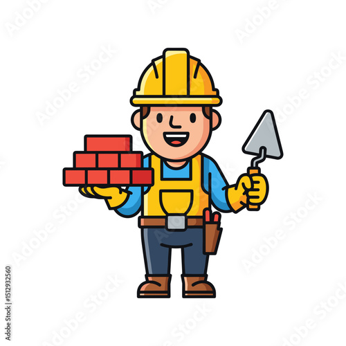 Happy Cartoon Construction Worker Holding Bricks and Trowel