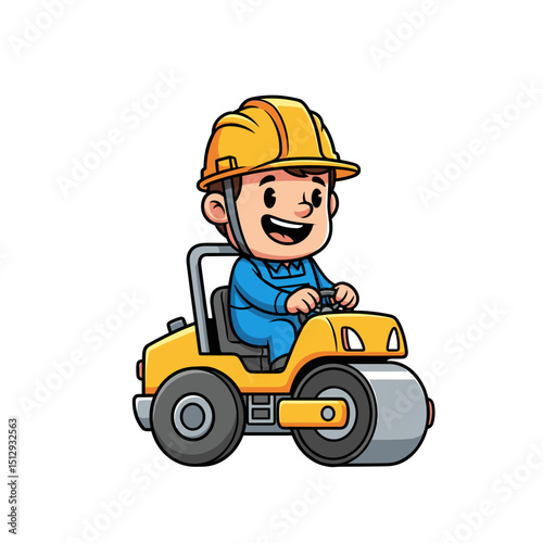 Joyful Cartoon Construction Worker Driving a Yellow Road Roller