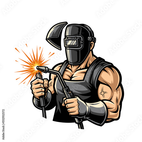 Muscular Welder in Protective Gear, Welding Metal, Intense Close Up Illustration