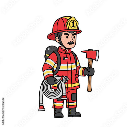 Pixel Art Firefighter Illustration Brave Fireman in Red Uniform with Axe and Hose