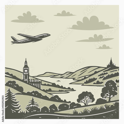 Vintage Travel Landscape with Airplane and Landmark