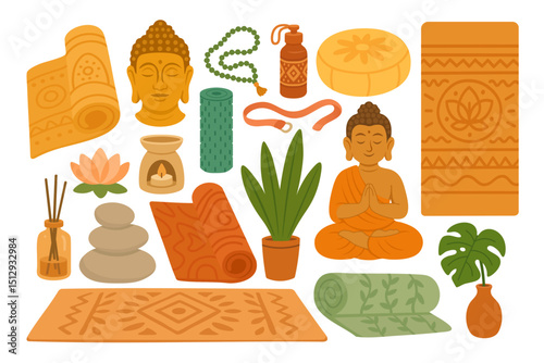 Vector set of meditation and yoga themed objects with mats, Buddha statues and decor, isolated on white.