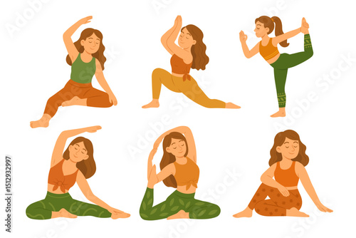 Vector set of women practicing yoga in different poses, peaceful and calm style, isolated on white.
