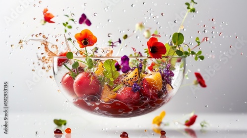 Floating gourmet dish where elements like sauce droplets and edible flowers appear weightless against a bright white backdrop
