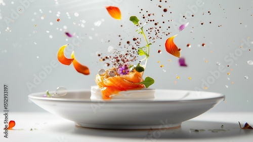 Floating gourmet dish where elements like sauce droplets and edible flowers appear weightless against a bright white backdrop