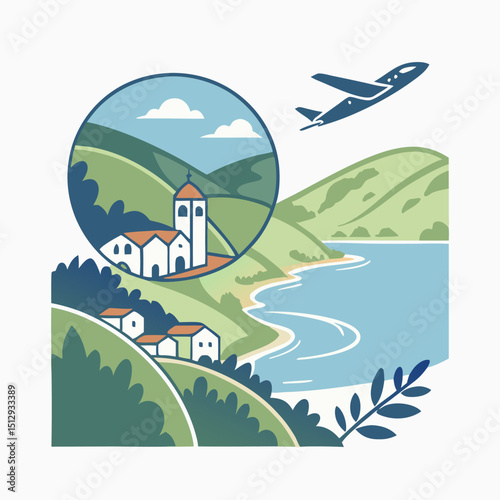 Travel and Tourism Landscape with Coastal Village