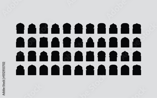 Traditional islamic window shapes in oriental style. Set of black silhouette eid mubarak decorative arches, mosque borders or moroccan gates. Arabic muslim architecture design elements, ramadan