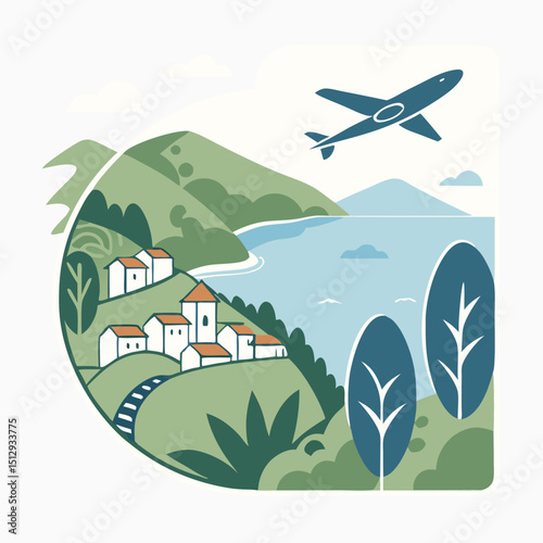 Coastal Village Travel Scene with Airplane
