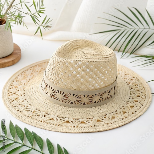 straw hat on the palm tree
