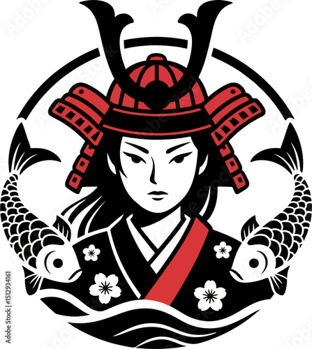 Japanese Female Samurai Vector Emblem with Koi Fish and Sakura Flowers – Bold Minimalist Design
