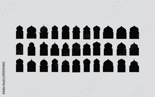 Traditional islamic window shapes in oriental style. Set of black silhouette eid mubarak decorative arches, mosque borders or moroccan gates. Arabic muslim architecture design elements, ramadan