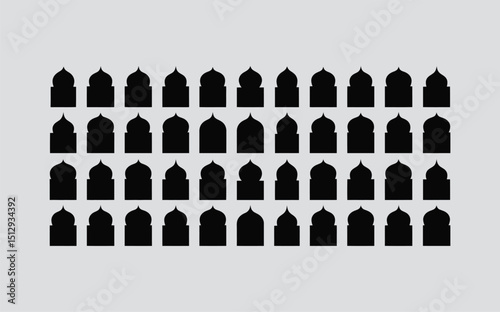 Traditional islamic window shapes in oriental style. Set of black silhouette eid mubarak decorative arches, mosque borders or moroccan gates. Arabic muslim architecture design elements, ramadan