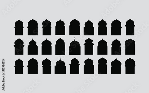Traditional islamic window shapes in oriental style. Set of black silhouette eid mubarak decorative arches, mosque borders or moroccan gates. Arabic muslim architecture design elements, ramadan