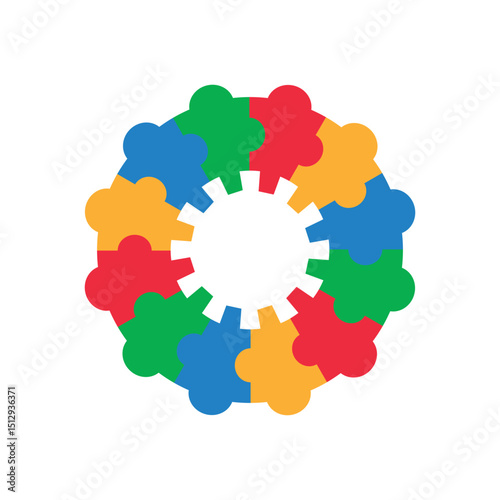Abstract teamwork people forming a puzzle gear. Vector isolated on white background.