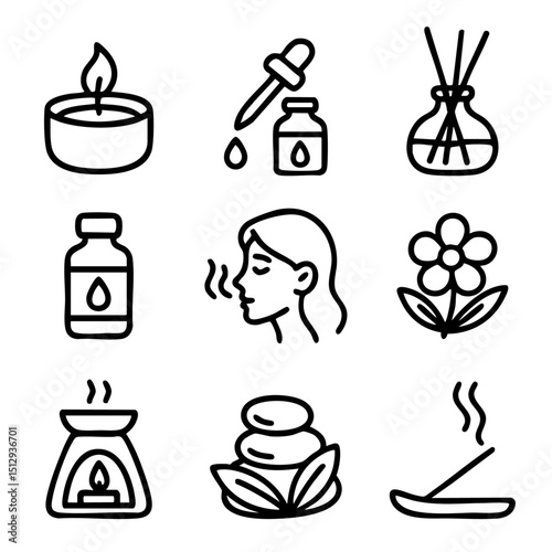 A set of doodle line icons illustrating aromatherapy, essential oils, incense, and wellness elements for spa and relaxation themes