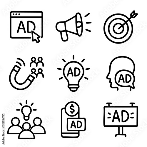 A set of doodle line icons representing advertising, marketing strategies, communication, and digital promotion concepts for creative use