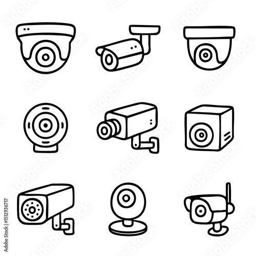 A set of doodle line icons showing various types of security cameras, webcams, and surveillance devices for monitoring and tech use