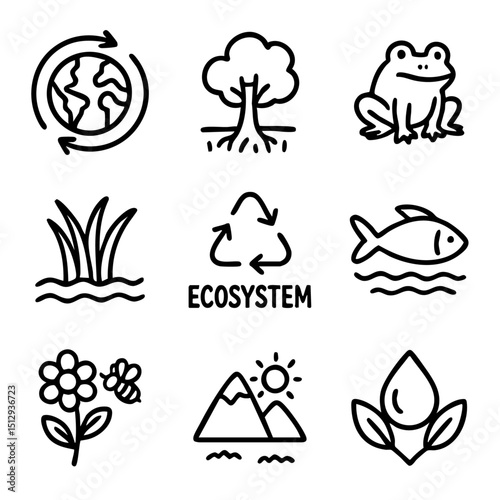 A set of doodle line icons representing ecosystem elements, wildlife, recycling, and natural environmental components like trees, water, and animals